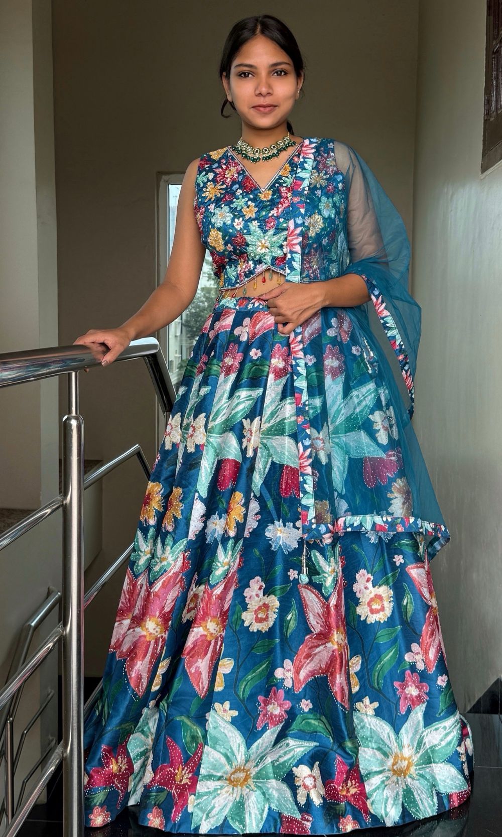 Blue Raw-Silk Floral Lehenga Set