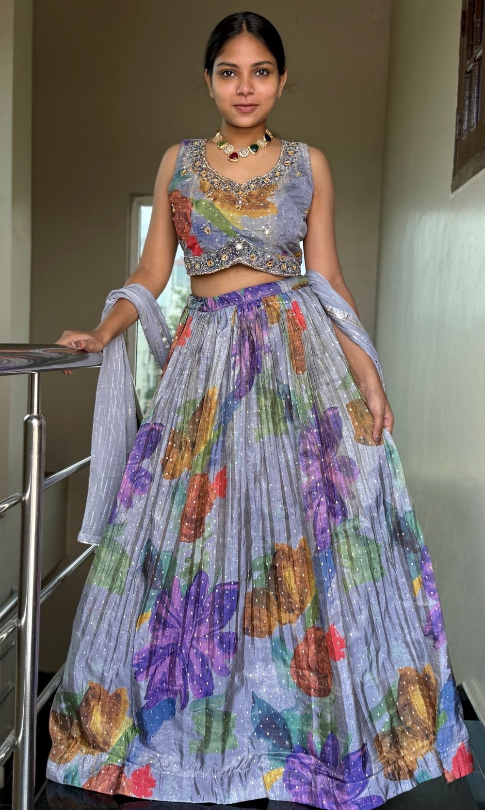 Gray Floral Print Embroided Lehenga Set