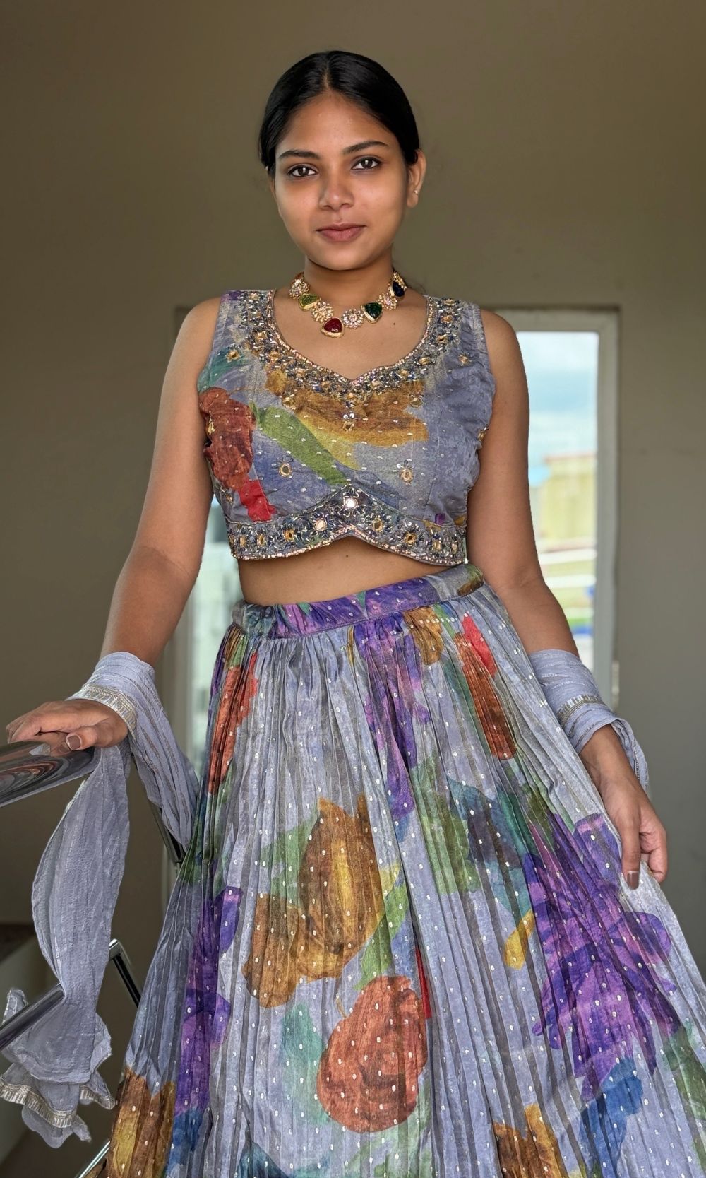 Gray Floral Print Embroided Lehenga Set