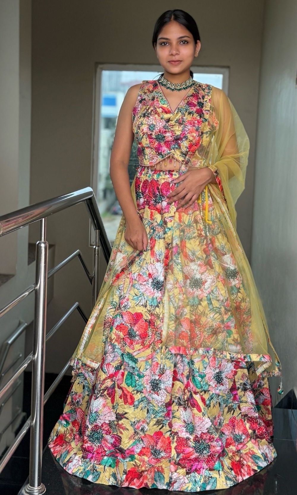 Golden Yellow Floral Print Lehenga Set