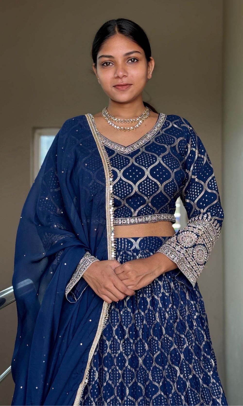 Dark-Blue Embroidered Lehenga Set