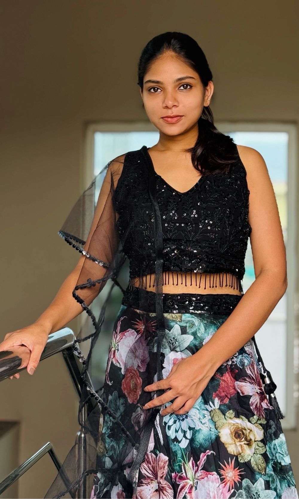 Black Floral Organza Lehenga Set