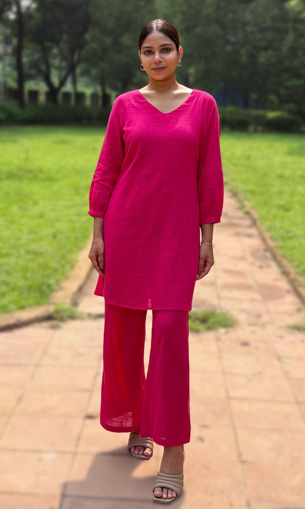 Pink Plain Cotton Kurta Palazzo Co-ord set with V-Neckline
