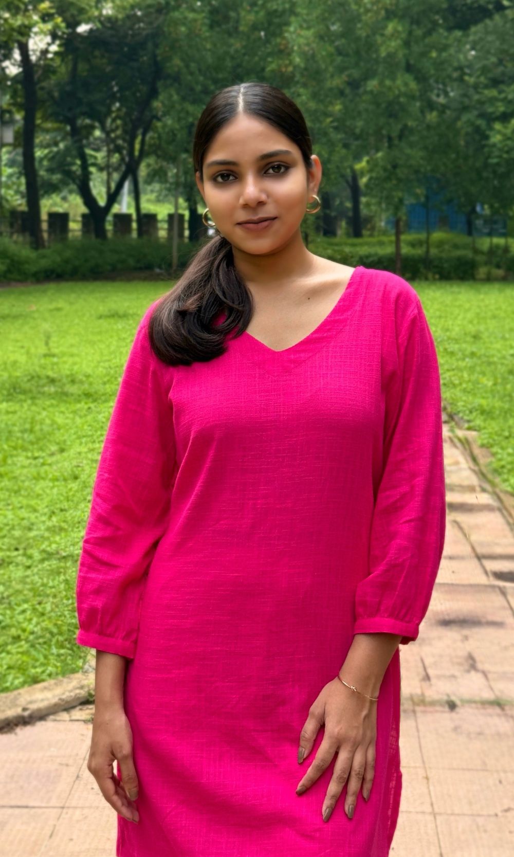 Pink Plain Cotton Kurta Palazzo Co-ord set with V-Neckline