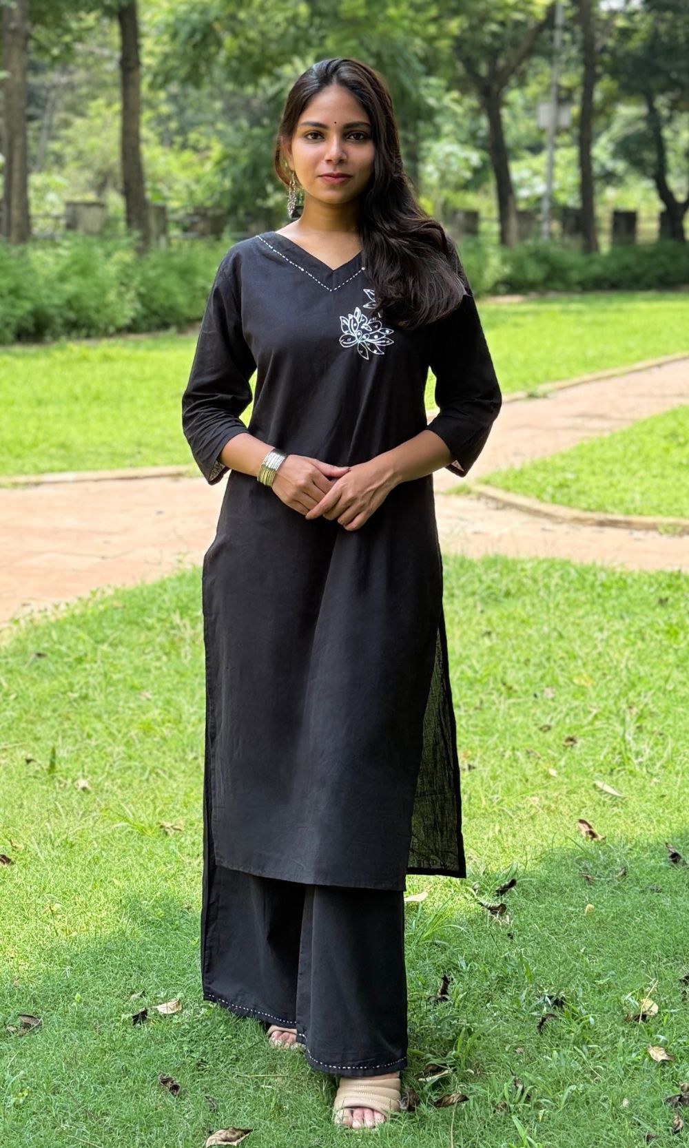 Cotton Black Floral Embroidered Kurta Palazzo Co-ord Set with V-Neckline