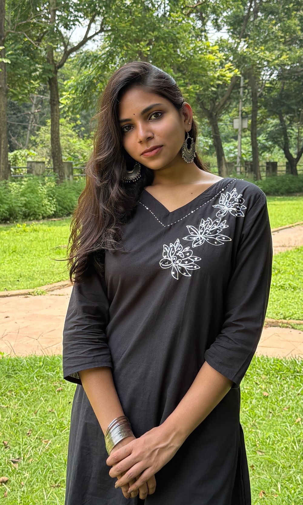 Cotton Black Floral Embroidered Kurta Palazzo Co-ord Set with V-Neckline