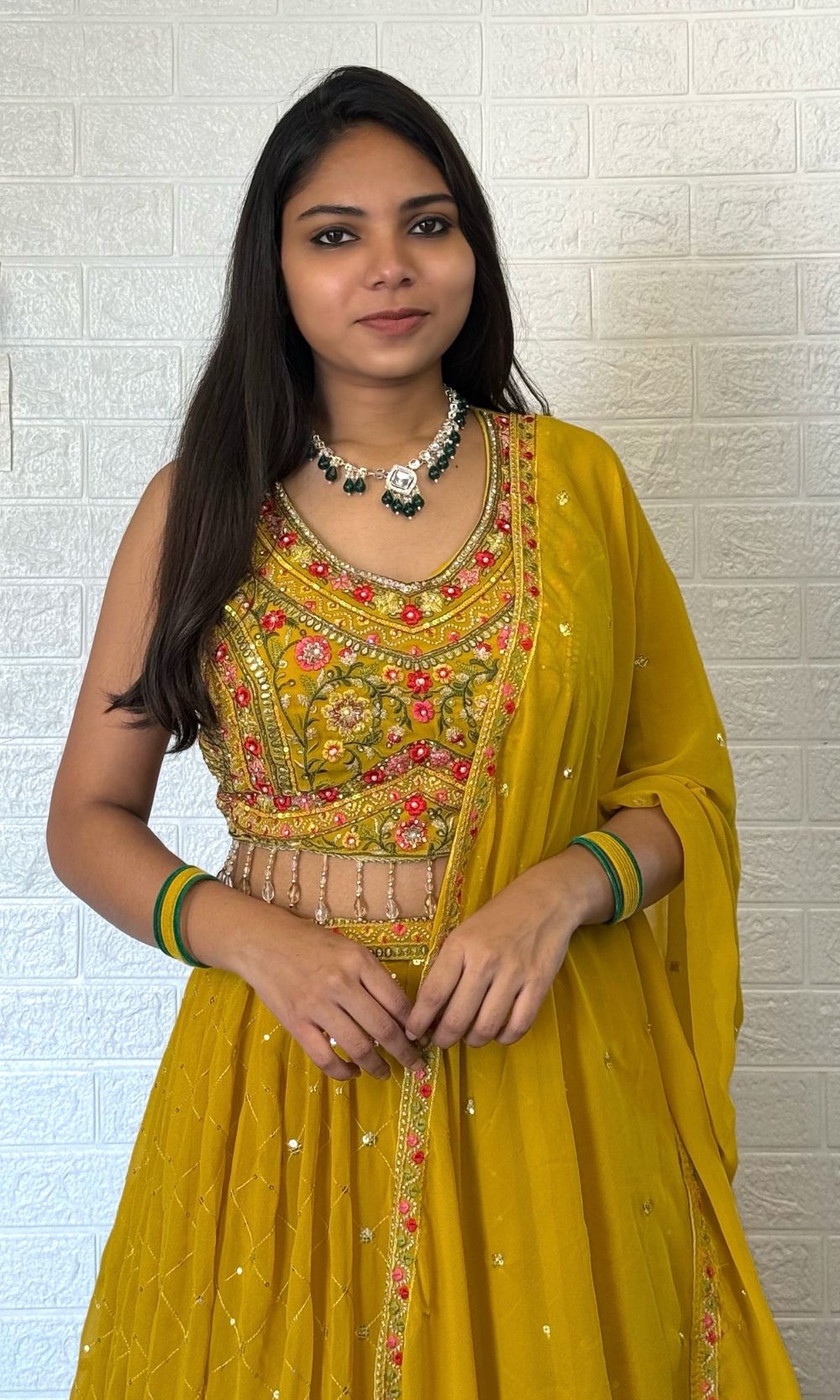 Yellow Georgette Pleated Lehenga Set