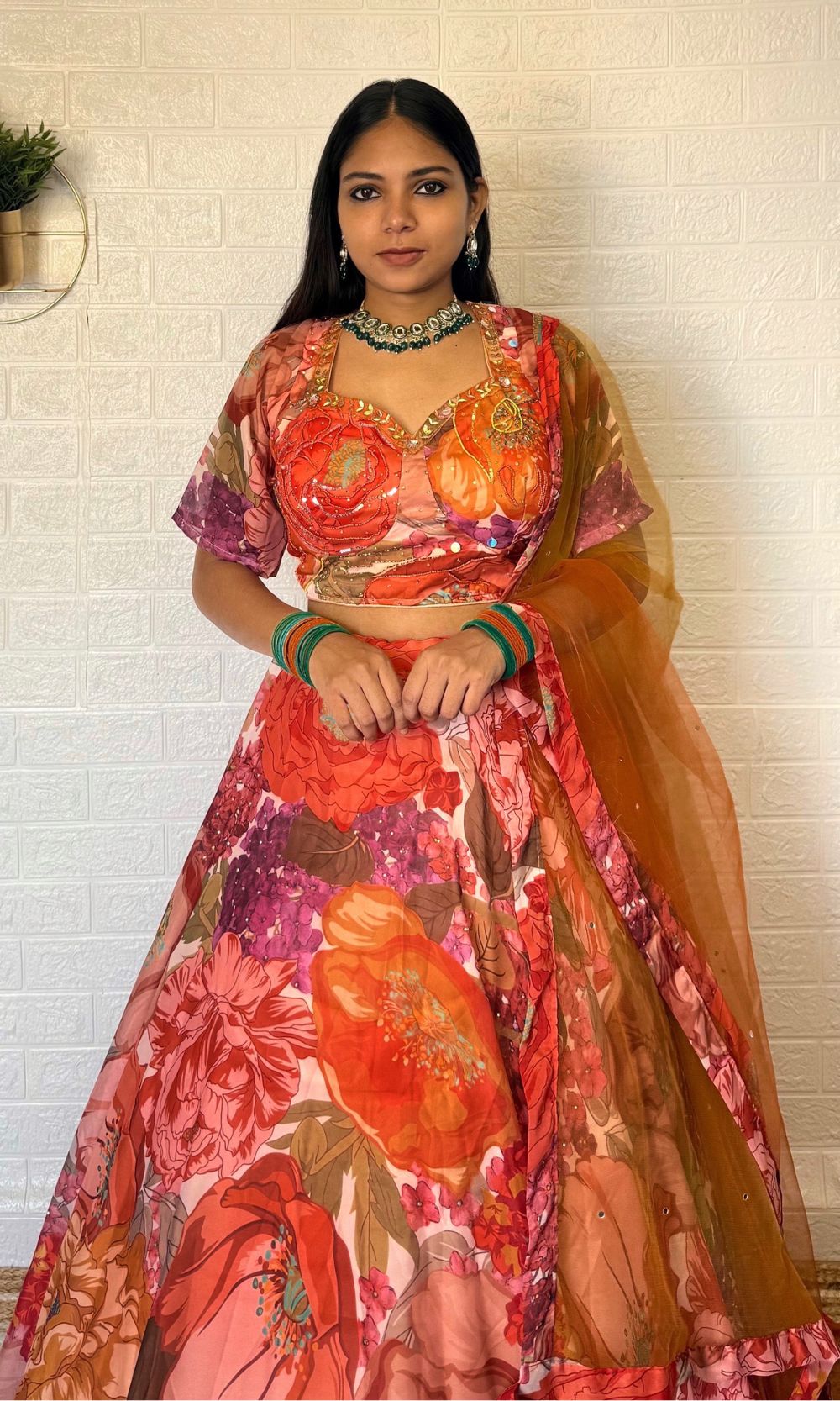 Orange Floral Lehenga Set