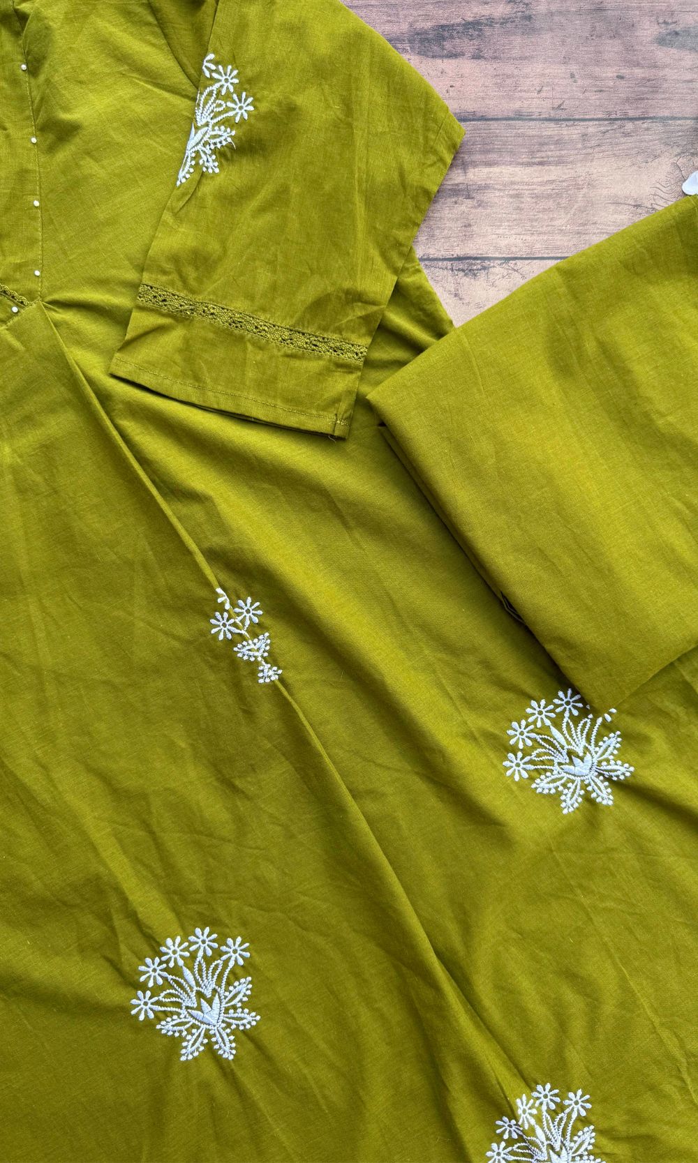 Olive Green Cotton Embroidered Kurta Palazzo Co-ord Set with V-Neckline