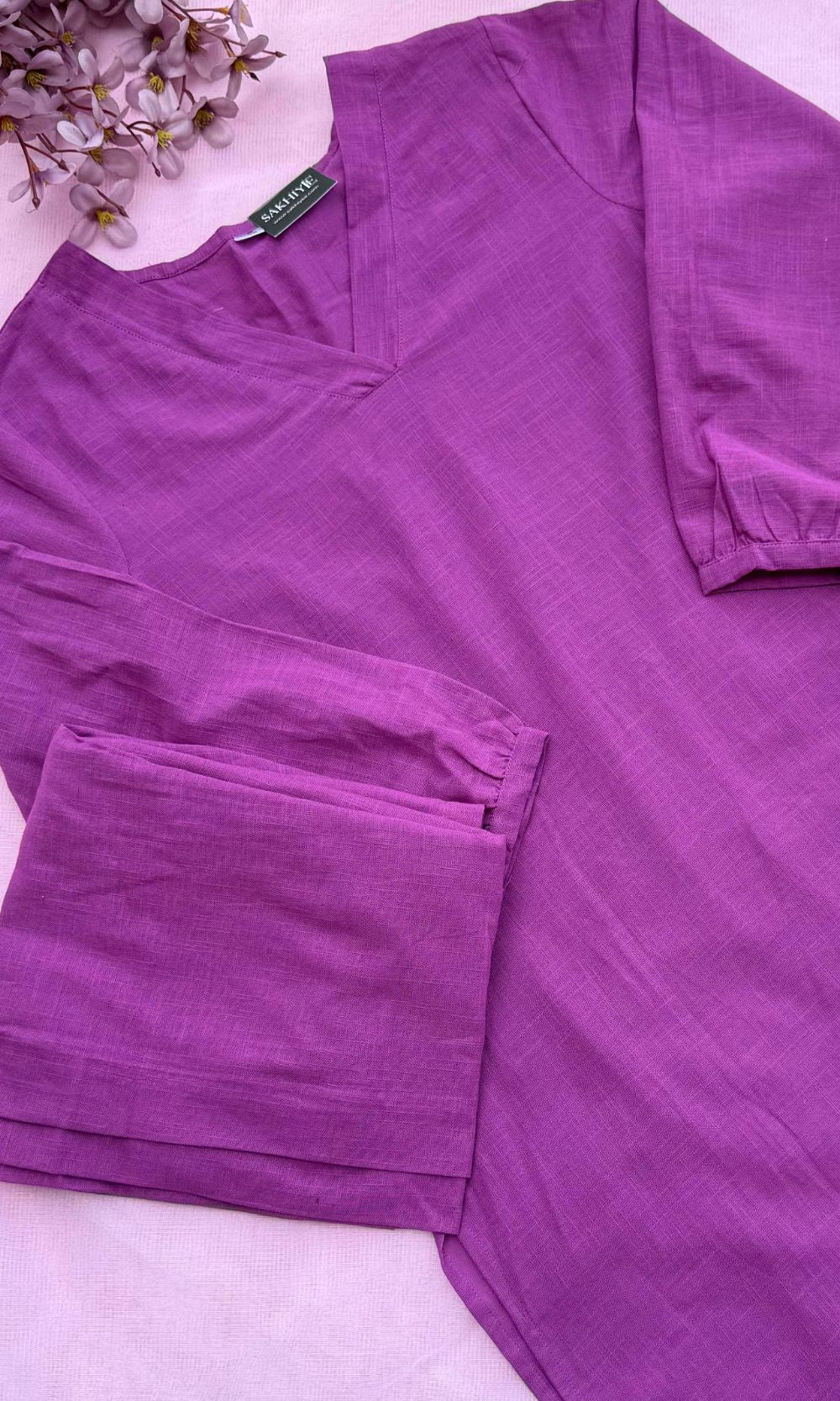 Plain Purple Cotton Kurta Palazzo Co-ord set with V-Neckline