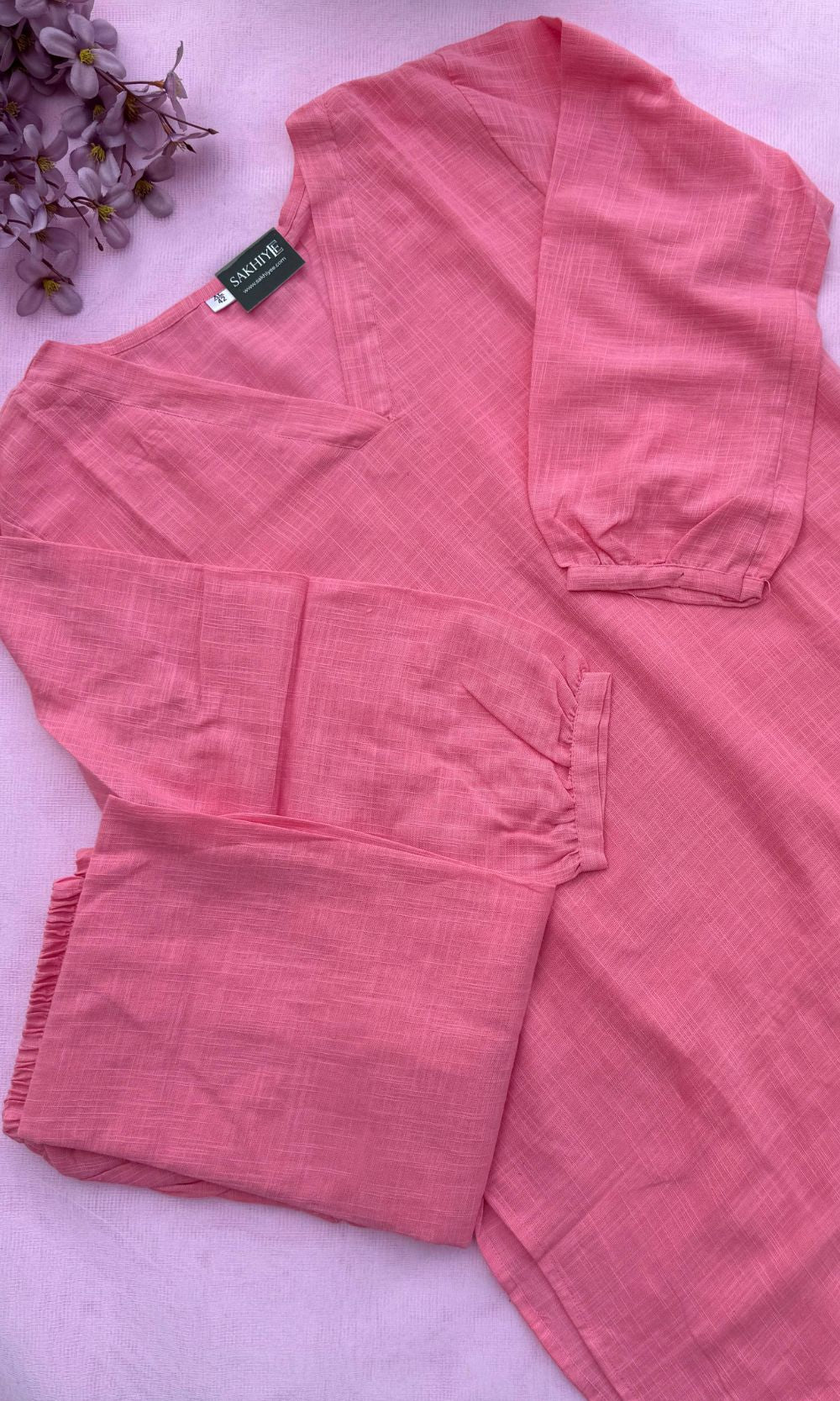 Plain Pink Cotton Kurta Palazzo Co-ord set with V-Neckline