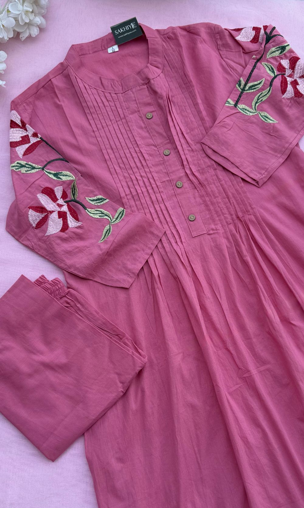 Pink Cotton Pleated Kurta palazzo Co-ord set with Floral Embroidered Sleeves