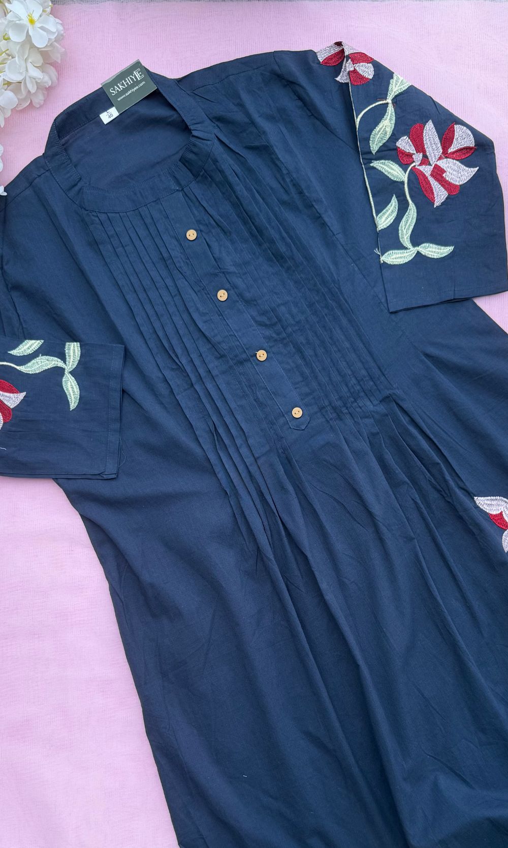 Dark Blue Cotton Pleated Kurta Palazzo Co-ord set with Floral Embroidered Sleeves