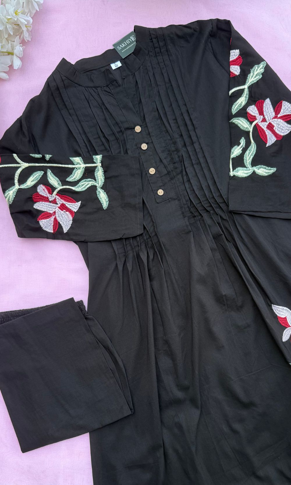 Black Cotton Pleated Kurta Palazzo Co-ord set with Floral Embroidered Sleeves