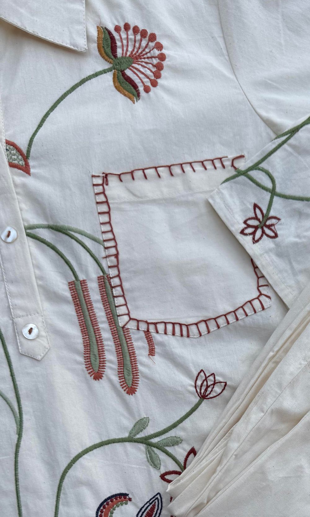 Off White Floral Embroidered Co-ord Set with Collared Neckline