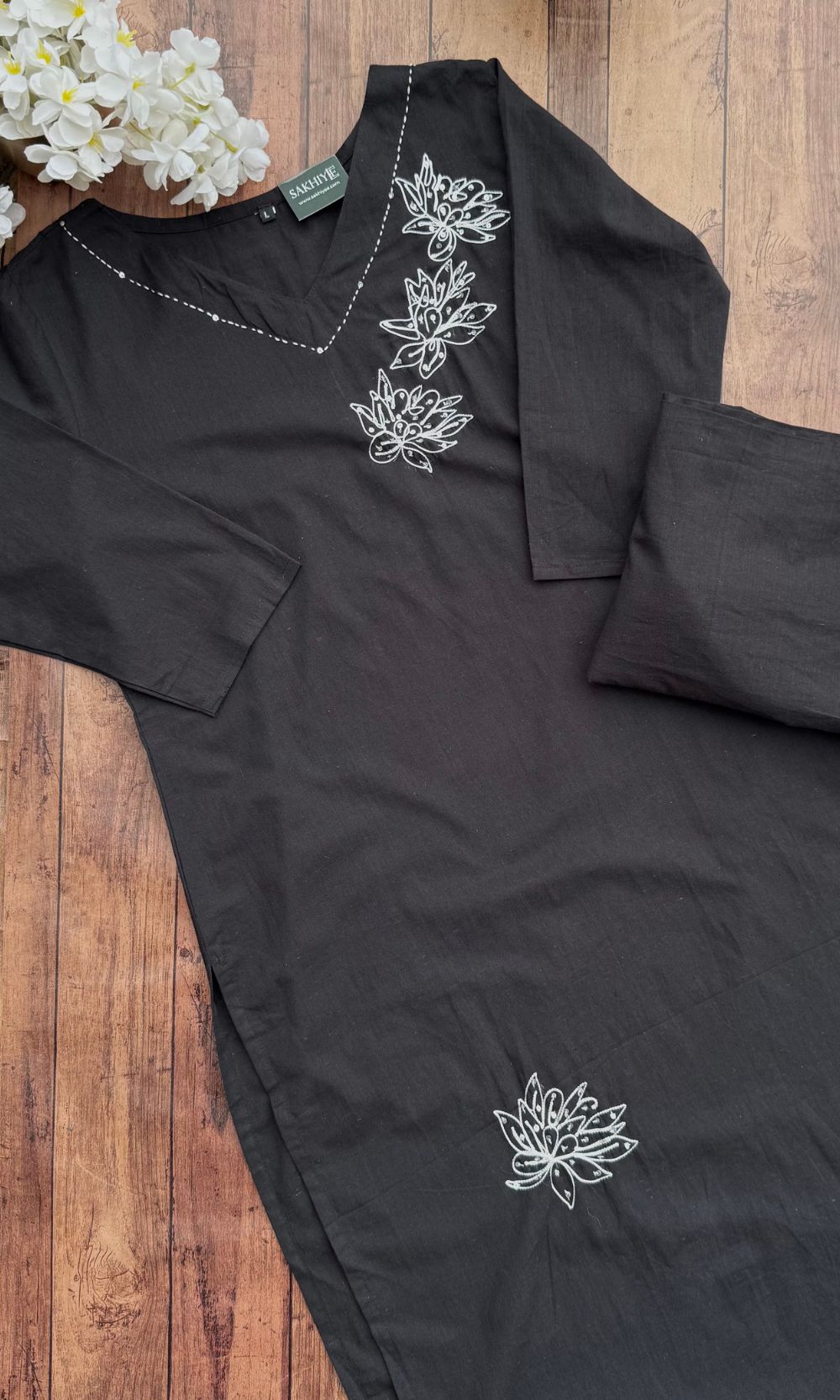 Cotton Black Floral Embroidered Kurta Palazzo Co-ord Set with V-Neckline