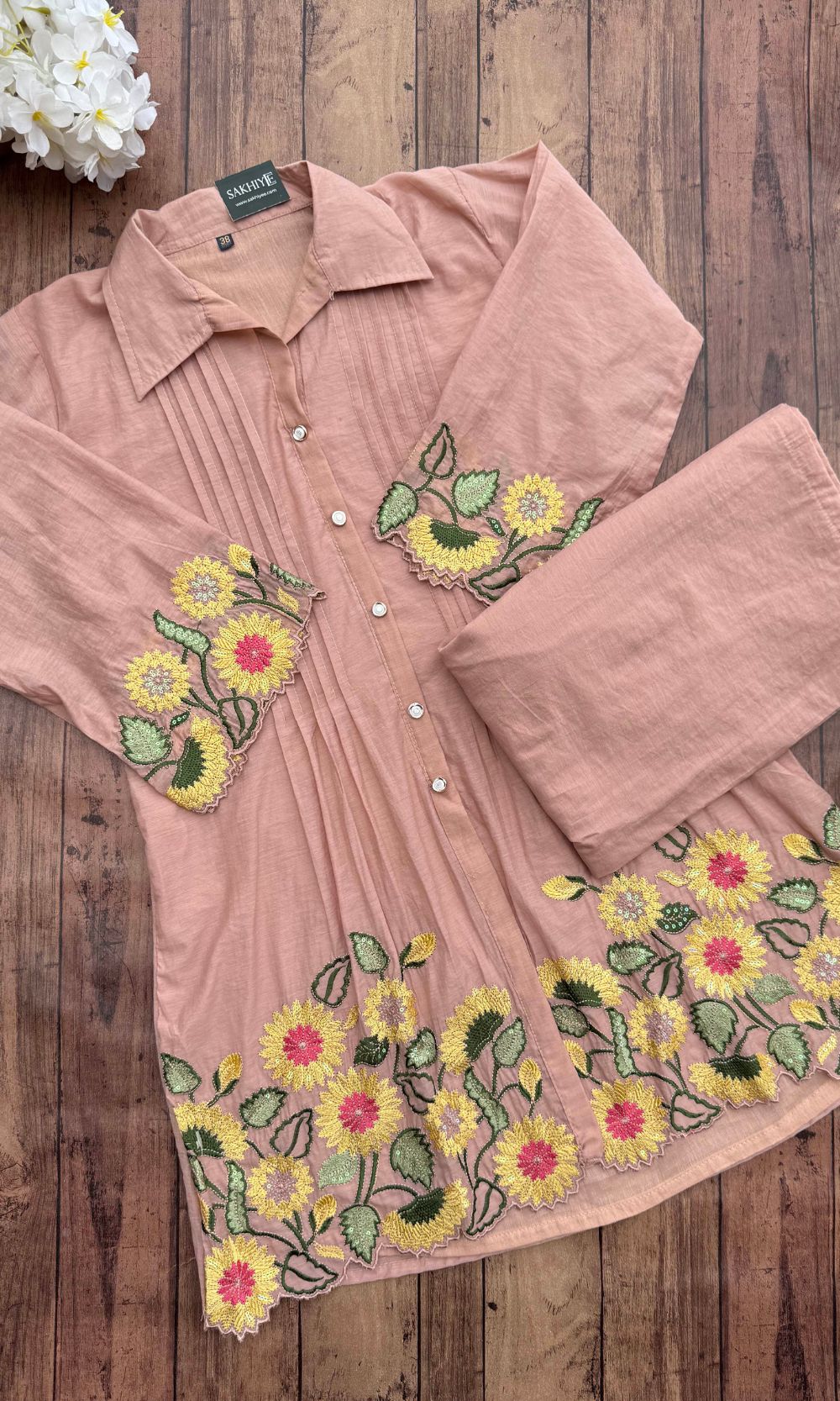 Peach Cream Floral Embroidered Pleated Kurta palazzo Co-ord set