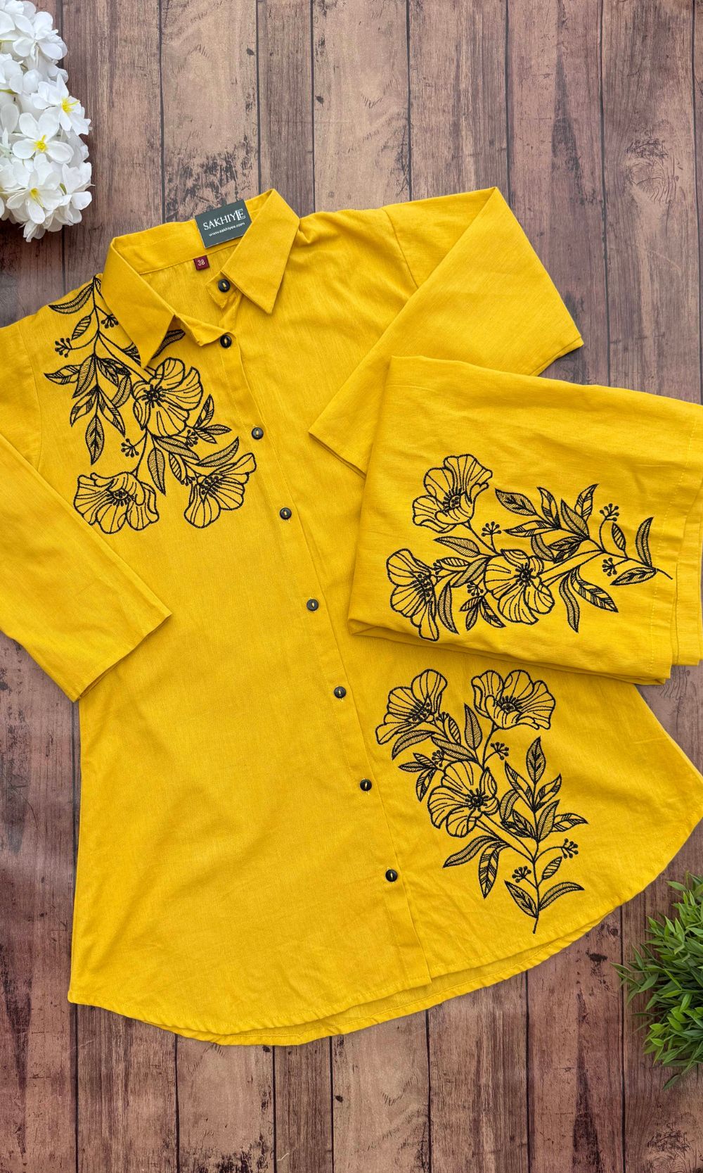 Mustard Yellow Minimal Floral Embroidery Co-ord Set