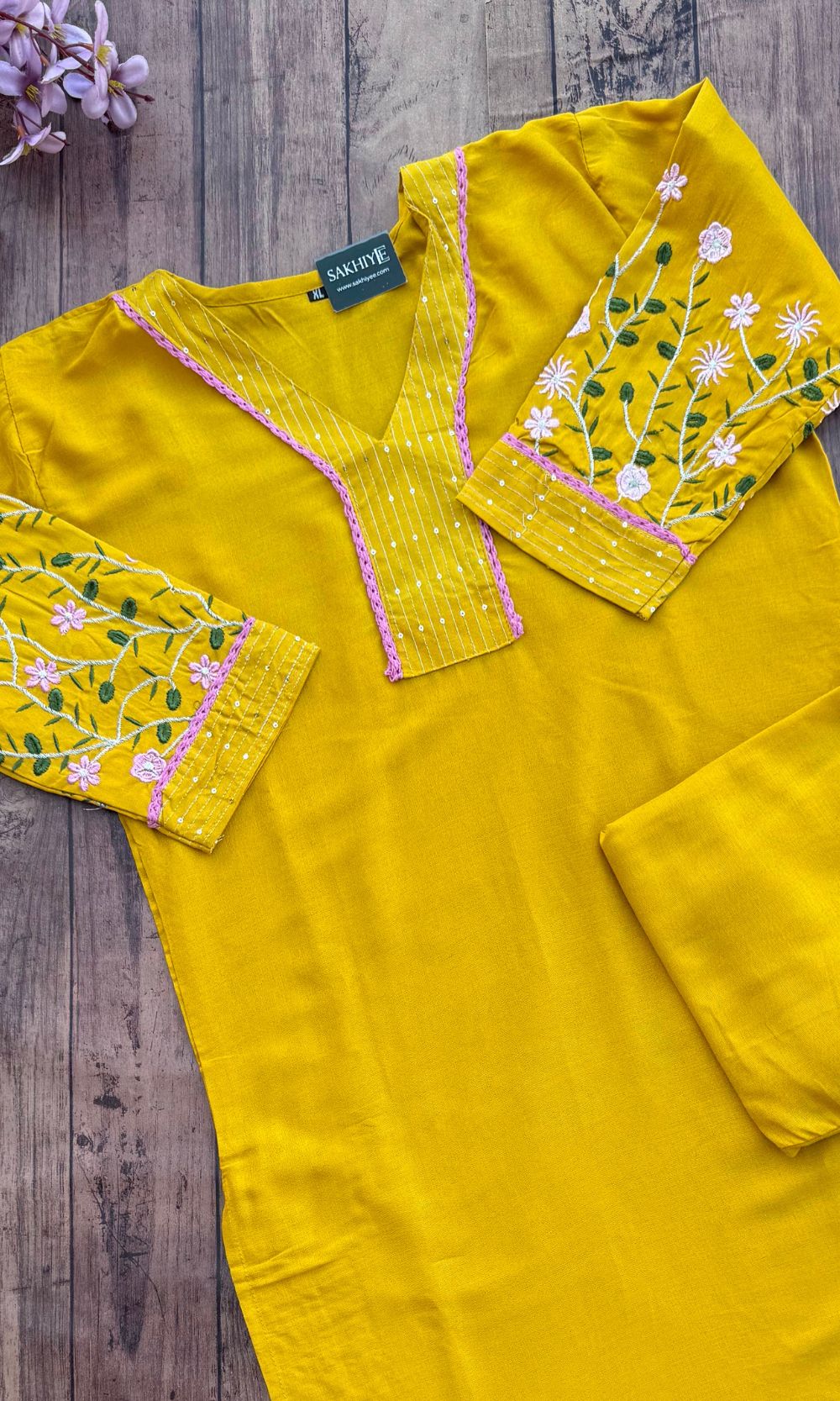 Mustard Yellow Cotton Kurta Palazzo Co-ord Set with Embroidered Sleeves