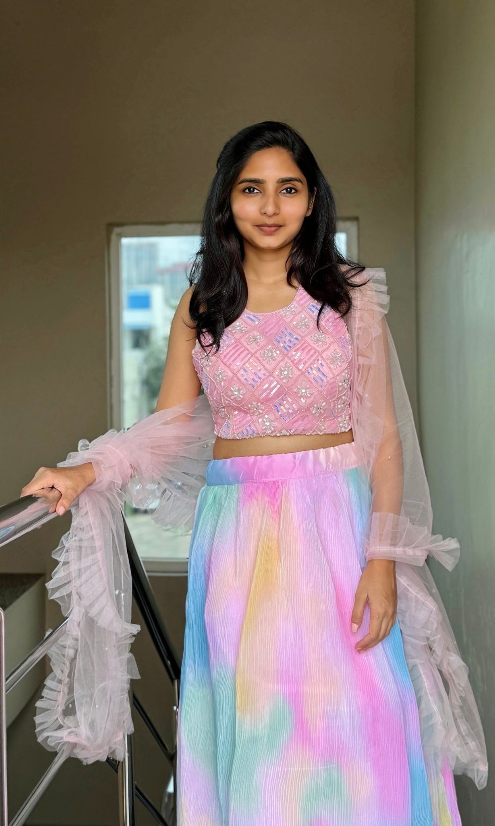 Multi-Colour Pleated Tie-Dye Lehenga Set