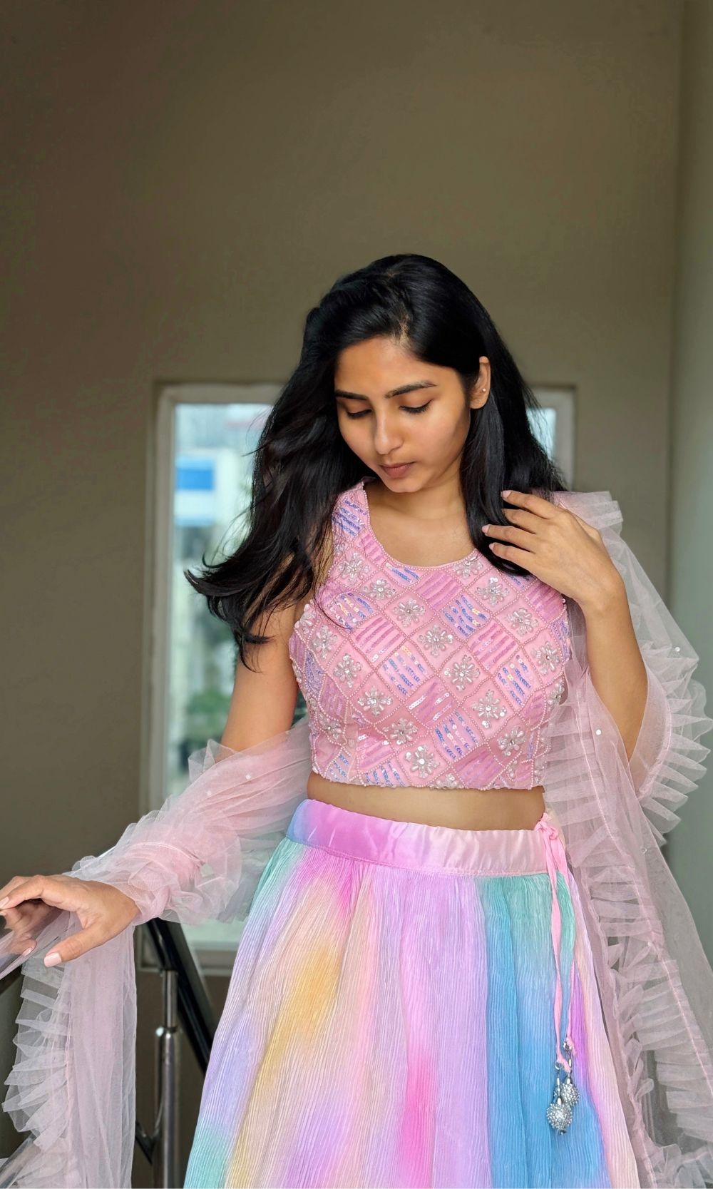 Multi-Colour Pleated Tie-Dye Lehenga Set
