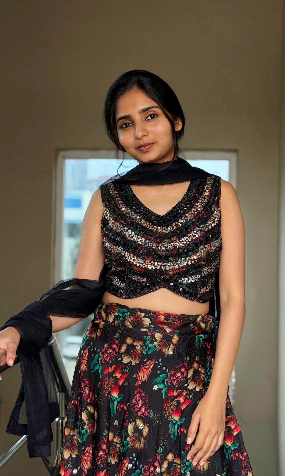 Black Floral Organza Sequin Lehenga Set