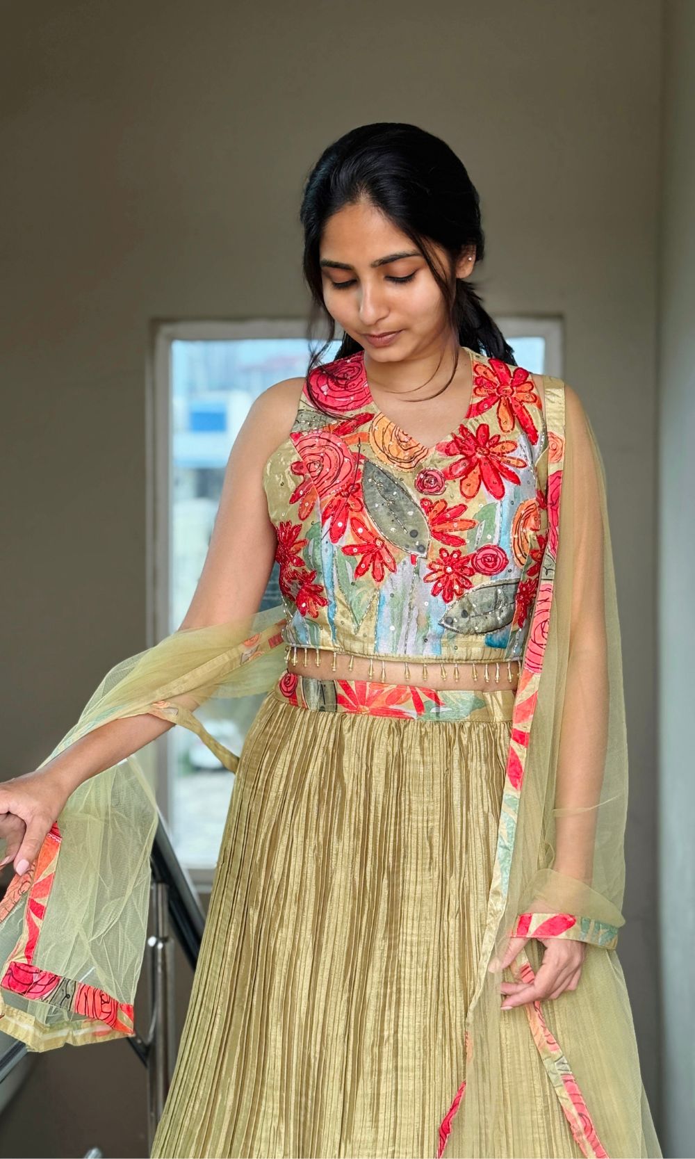 Green Floral-Print Pleated Lehenga Set