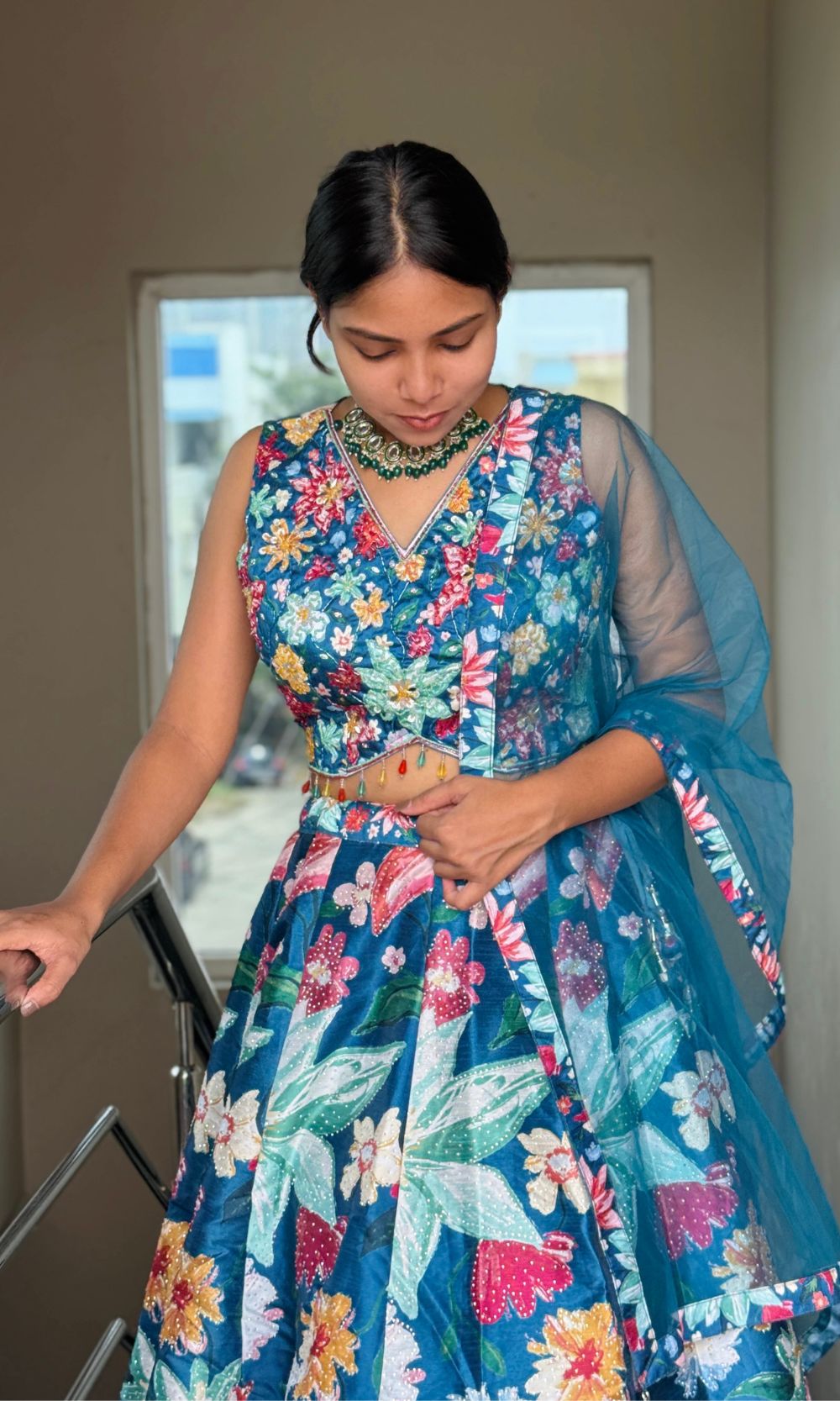 Blue Raw-Silk Floral Lehenga Set