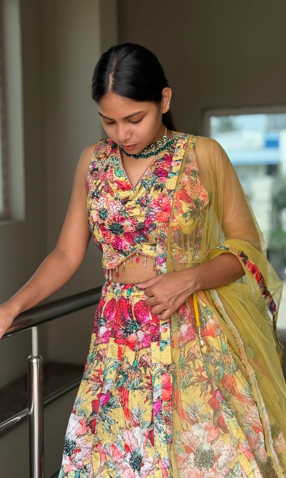 Golden Yellow Floral Print Lehenga Set