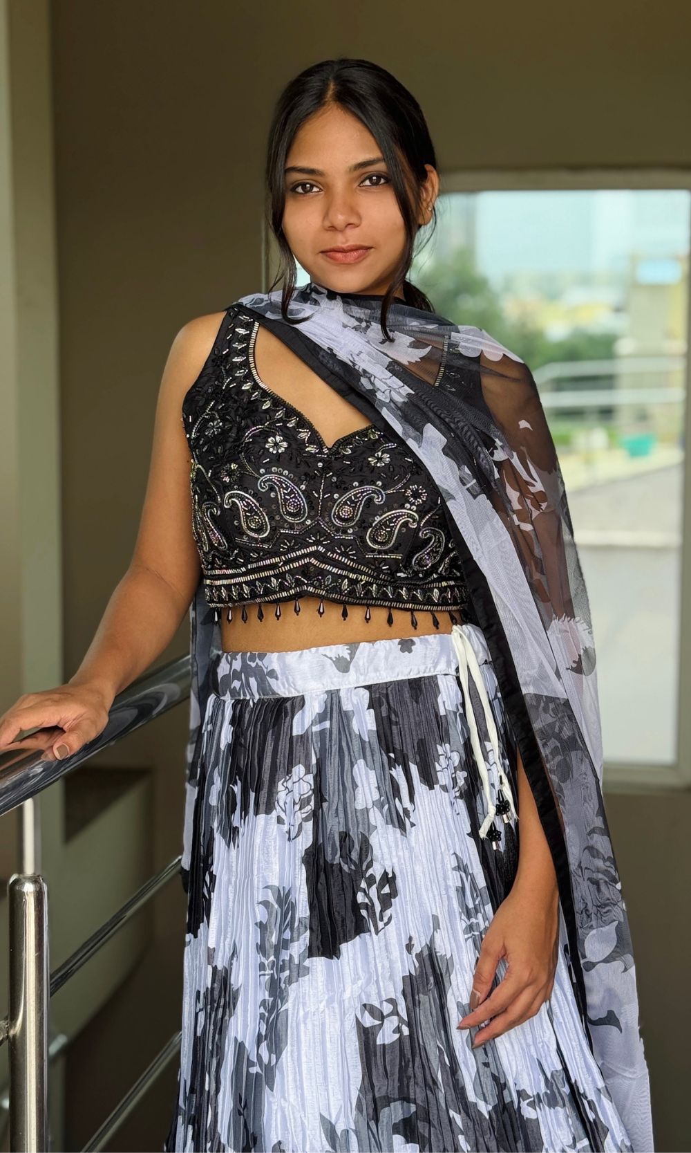 Black and White Pleated Viscose Floral Lehenga Set