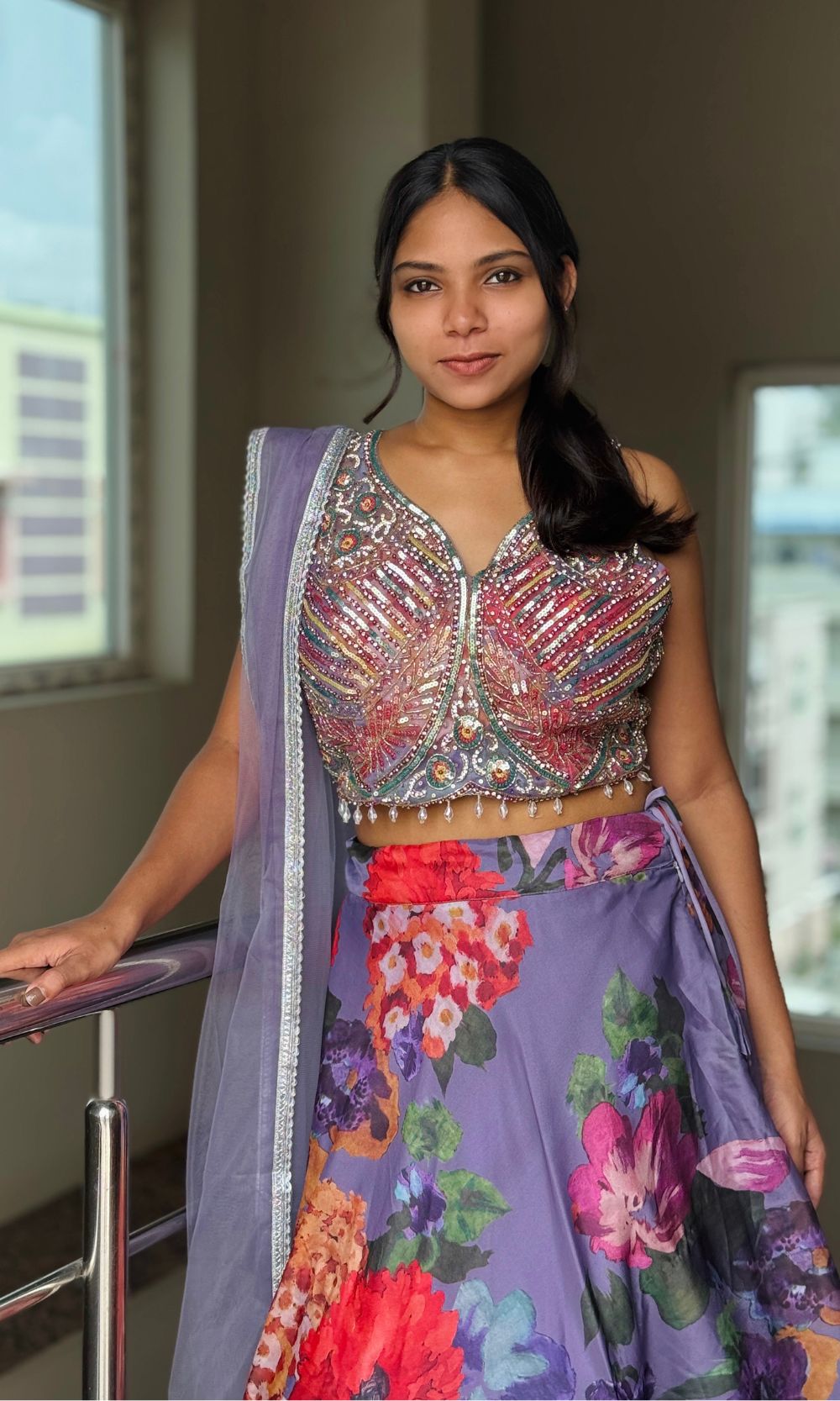 Violet Floral Organza Lehenga Set