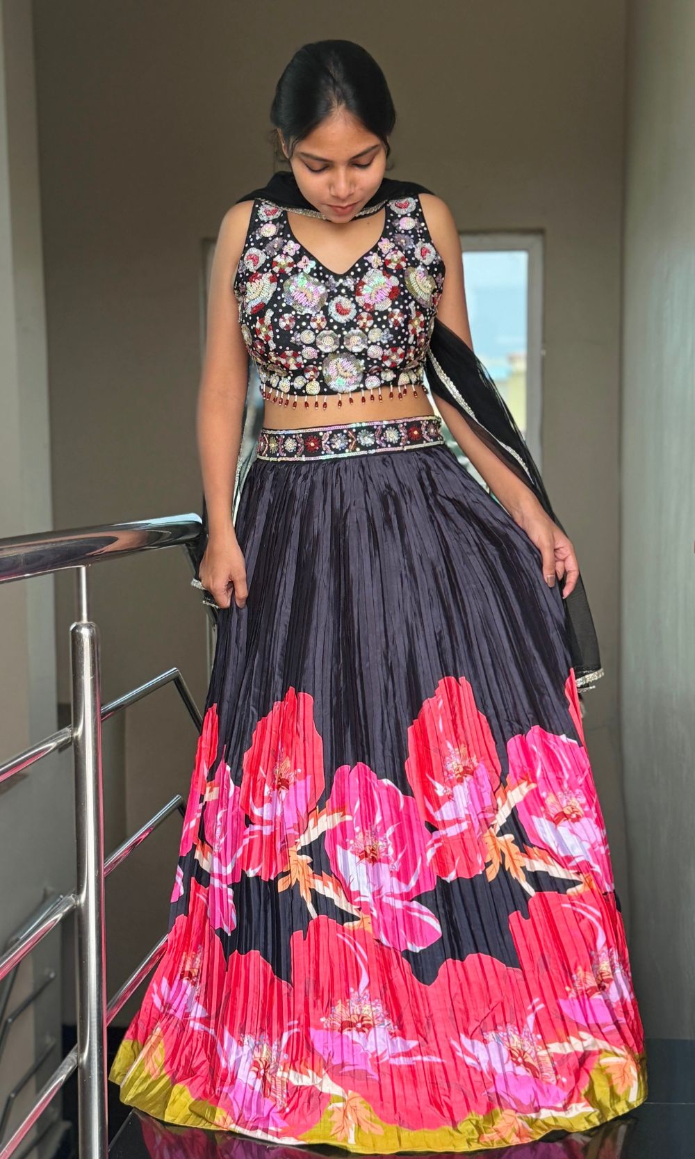 Black Multi-Colour Floral Print Lehenga Set