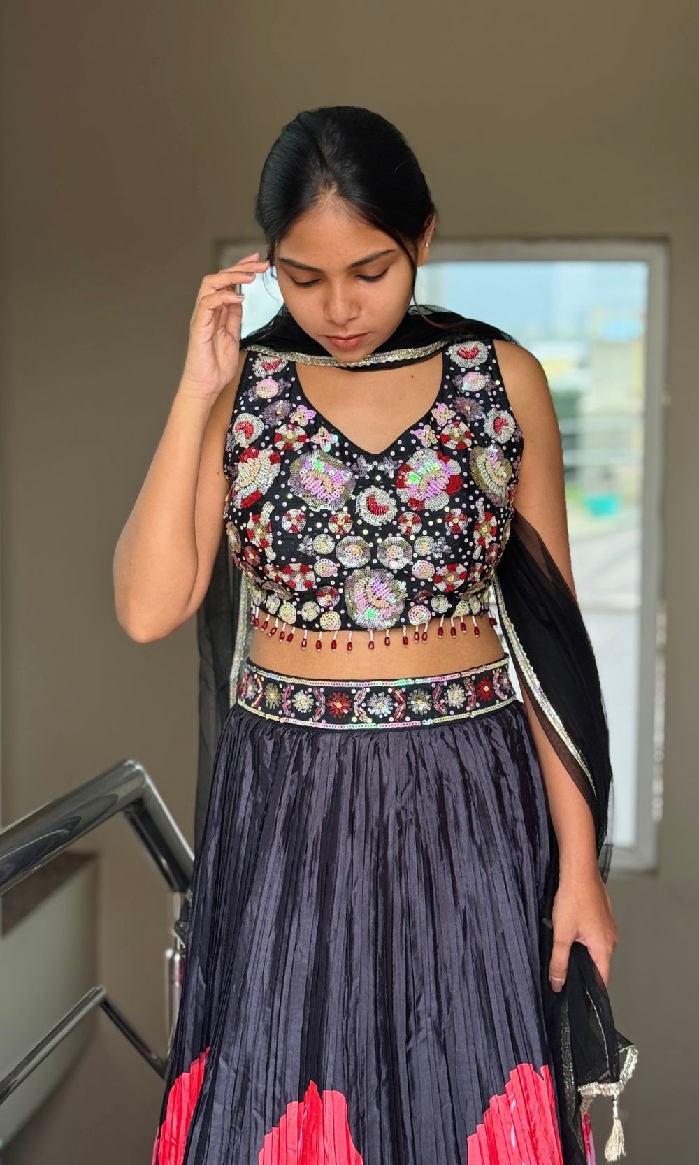 Black Multi-Colour Floral Print Lehenga Set