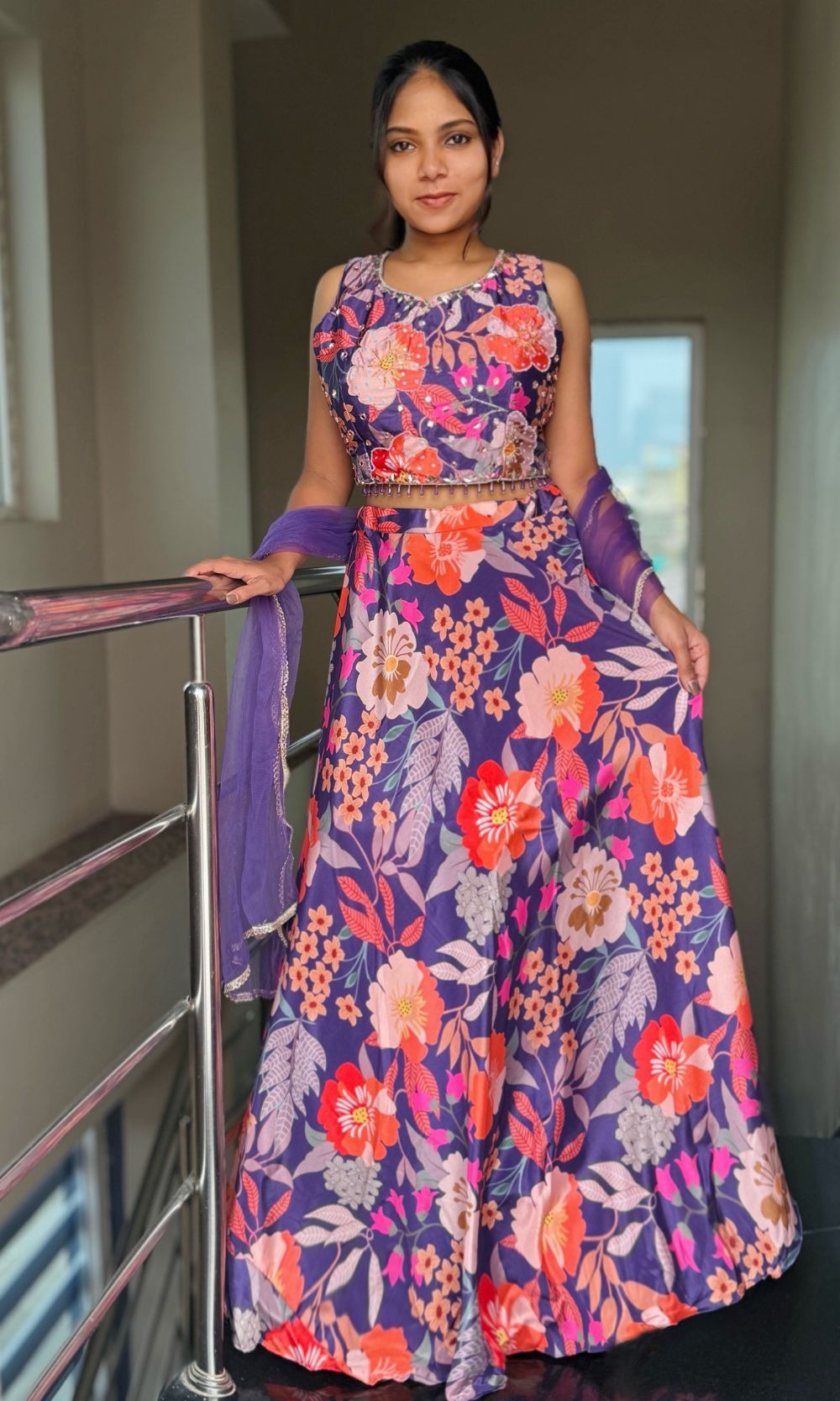 Violet Floral Print Lehenga Set