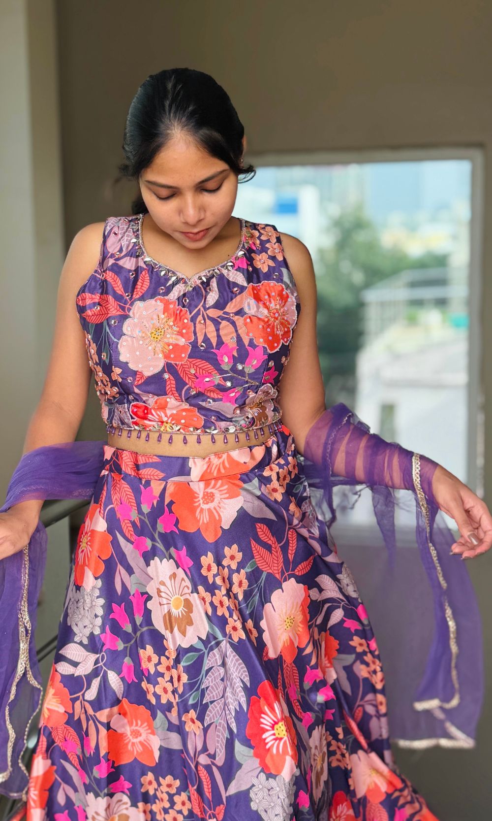 Violet Floral Print Lehenga Set