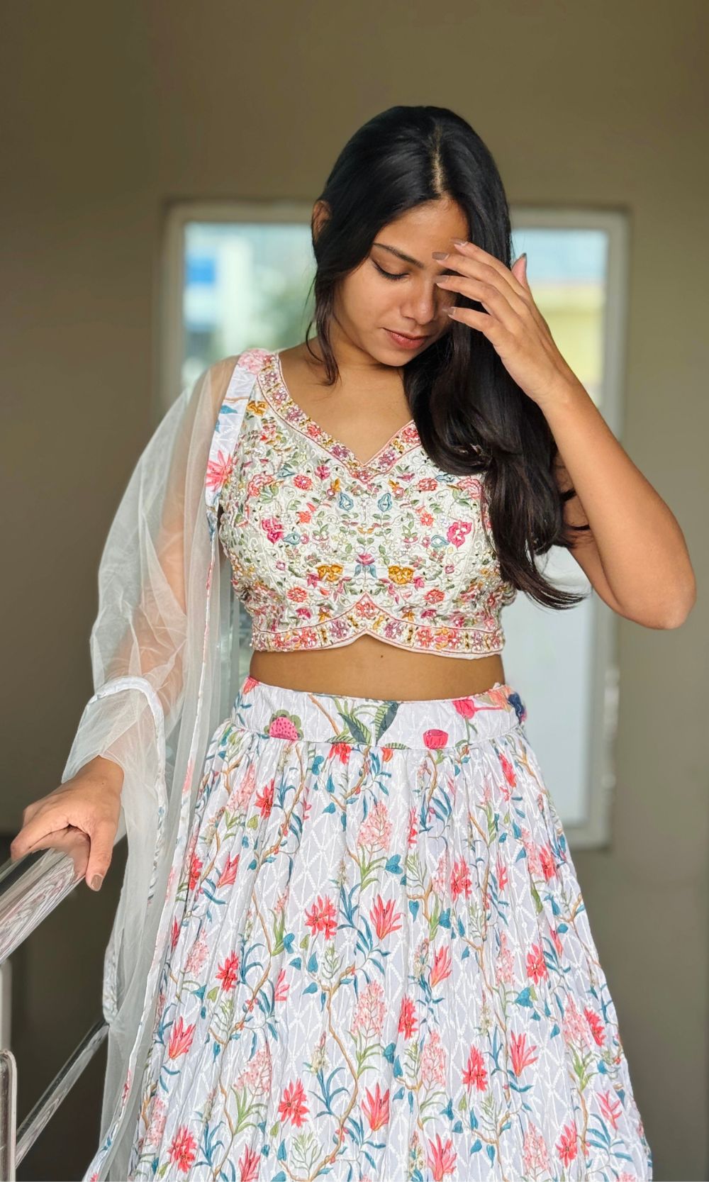 White Multi-Colour Floral Lehenga Set