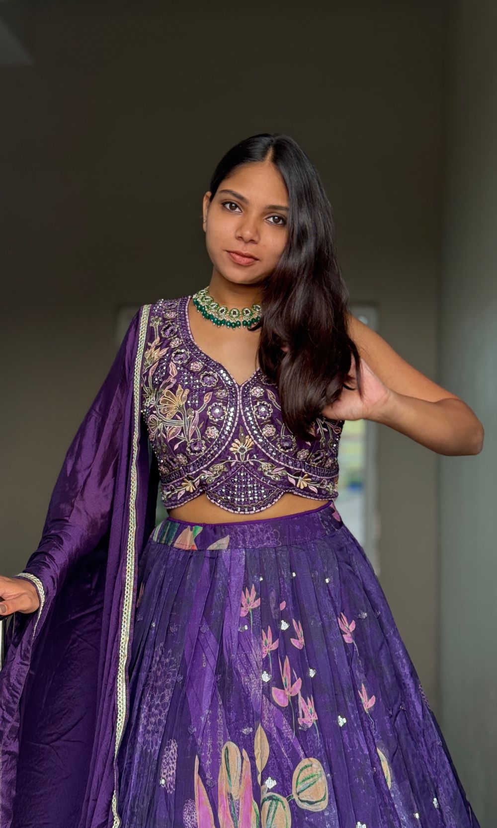 Violet Floral Pleated Lehenga Set