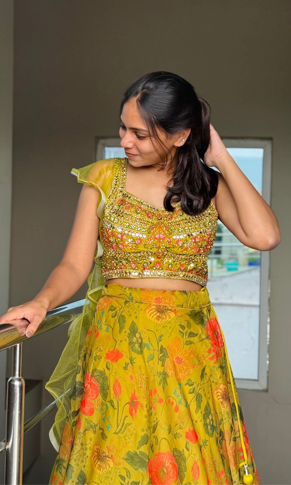Chartreuse-Yellow Floral Print Lehenga Set