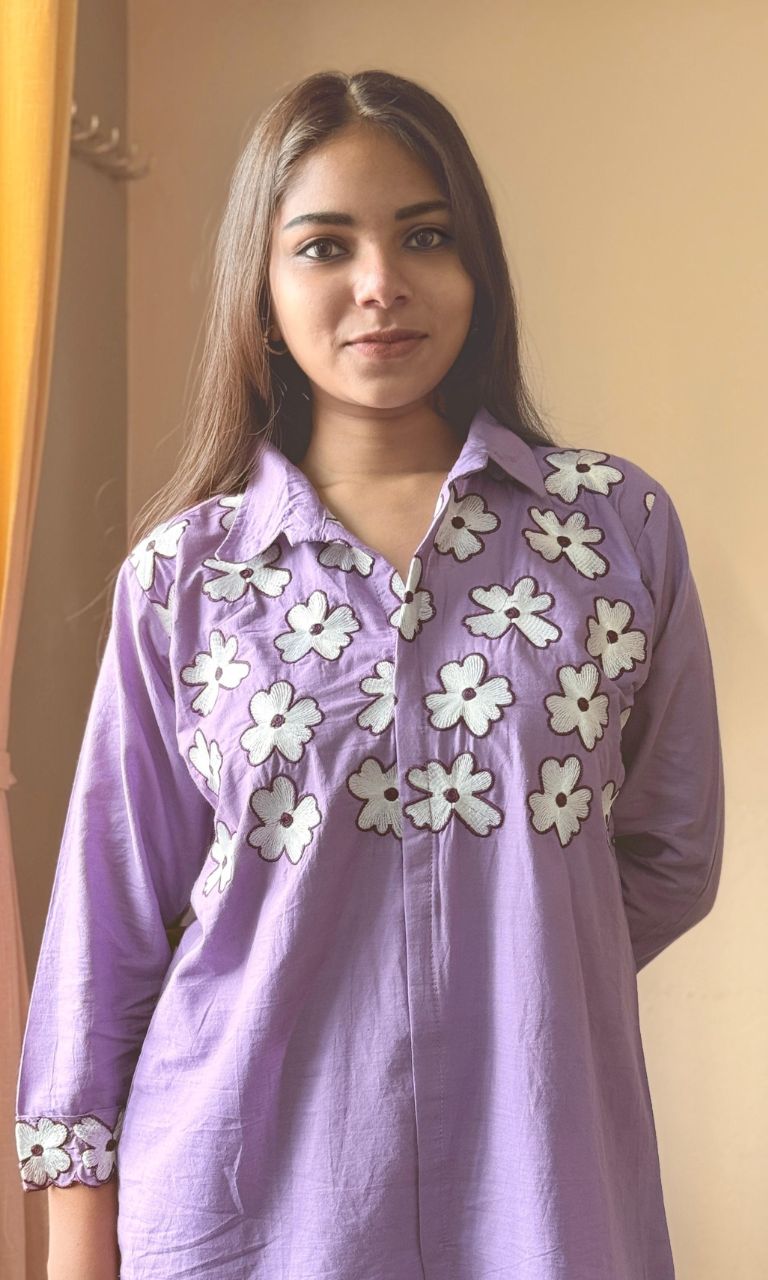Lavender Co-Ord Set with White Floral Embroidery