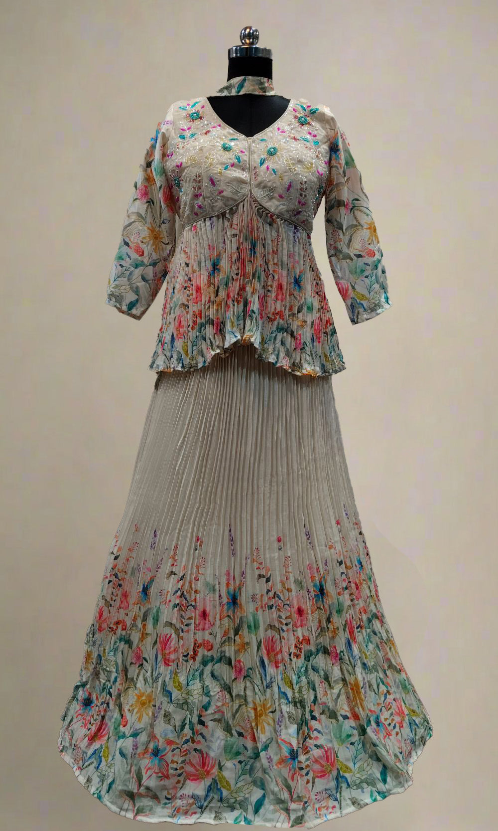 Off-White Floral Anarkali Lehenga Set