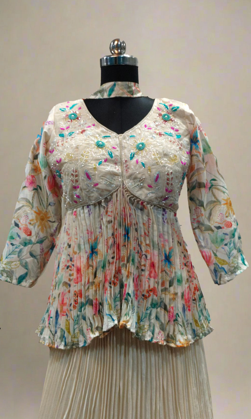 Off-White Floral Anarkali Lehenga Set