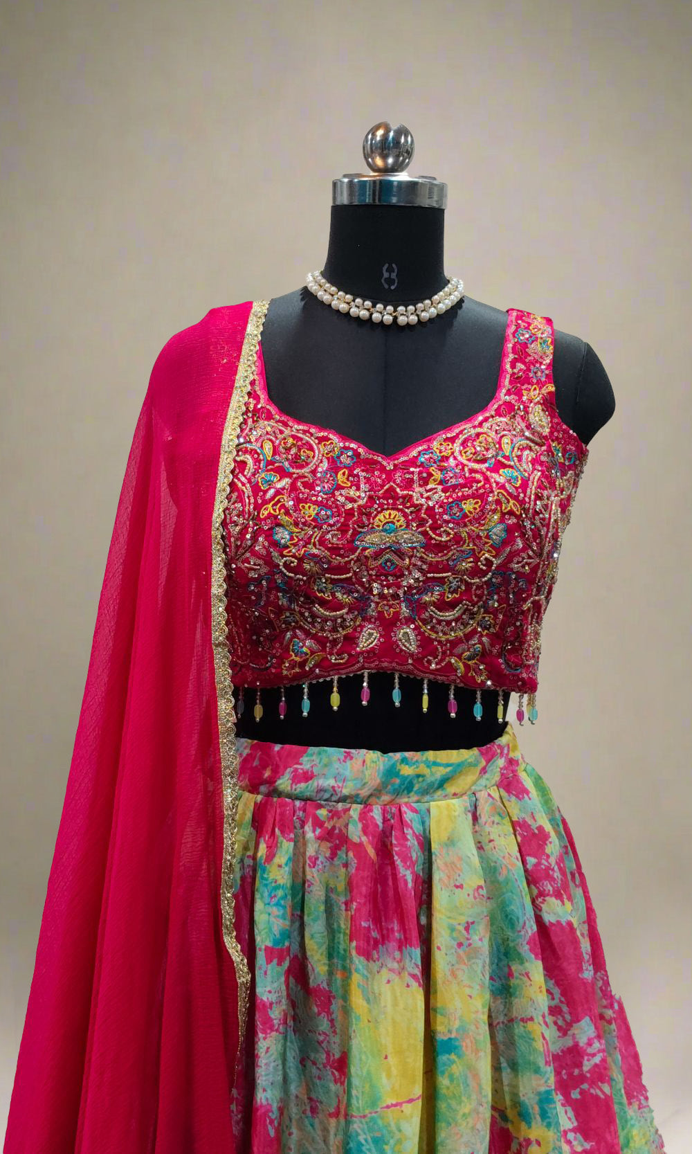 Pink Multi-Colour Pleated Lehenga Set