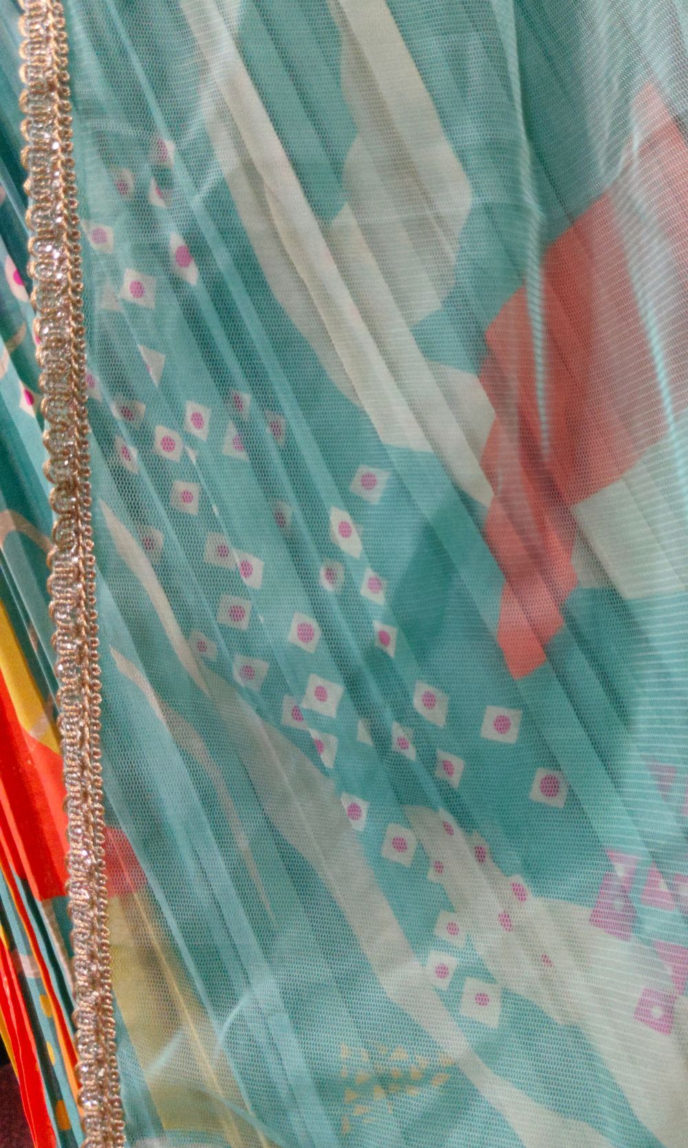 Turquoise Blue Multi-Colour Pleated Lehenga Set