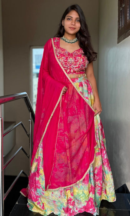 Pink Multi-Colour Pleated Lehenga Set