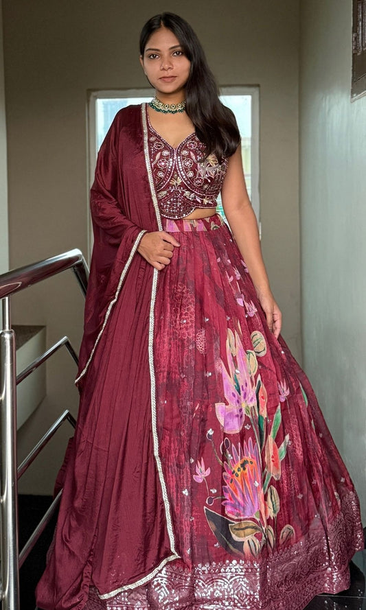 Wine-Brown Floral Printed Lehenga Set
