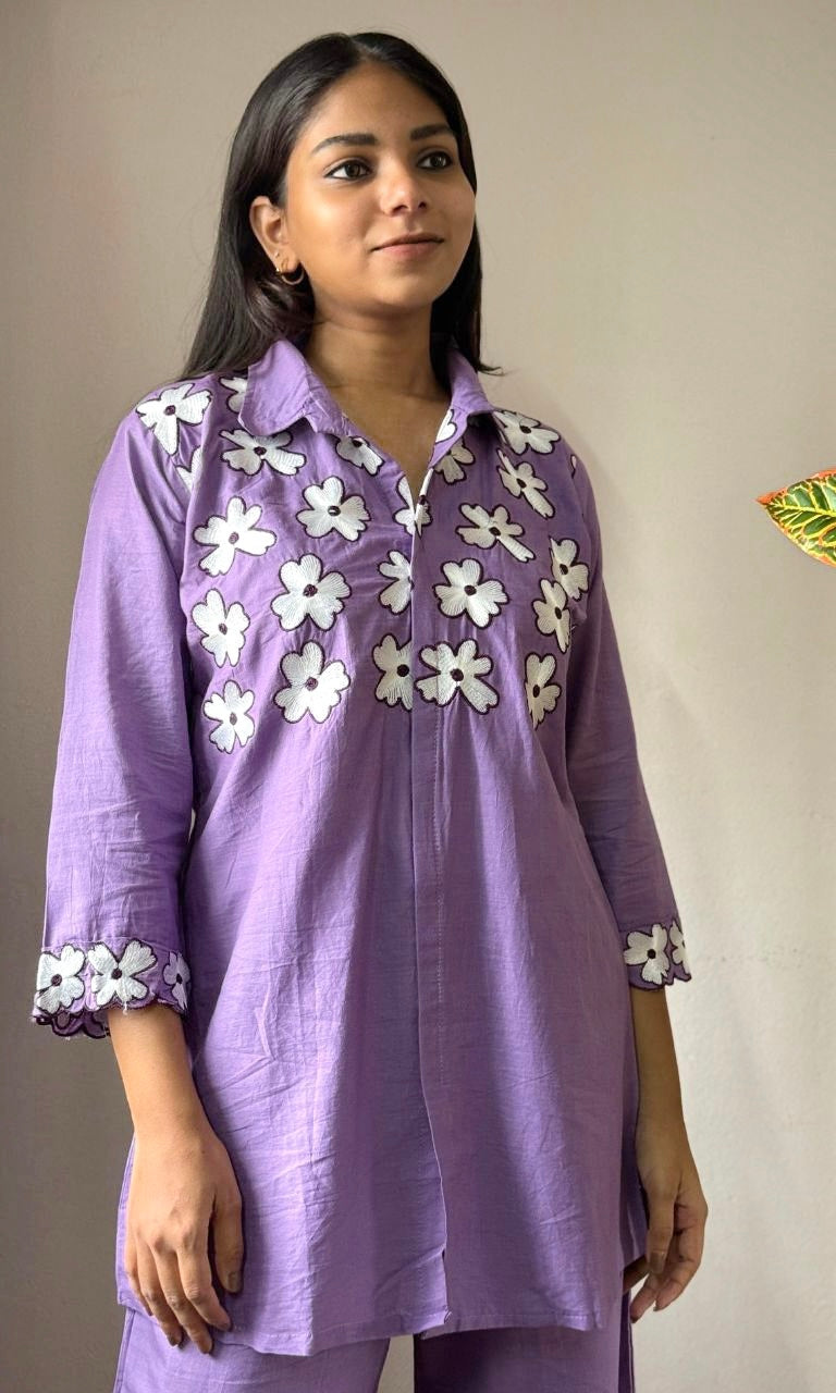 Lavender Co-Ord Set with White Floral Embroidery