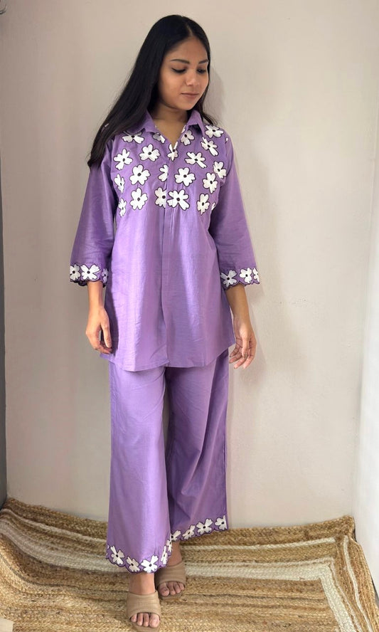 Lavender Co-Ord Set with White Floral Embroidery
