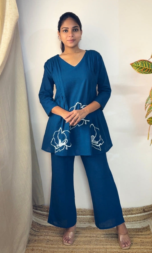 Blue Peplum Style Floral Embroidered Co-Ord Set