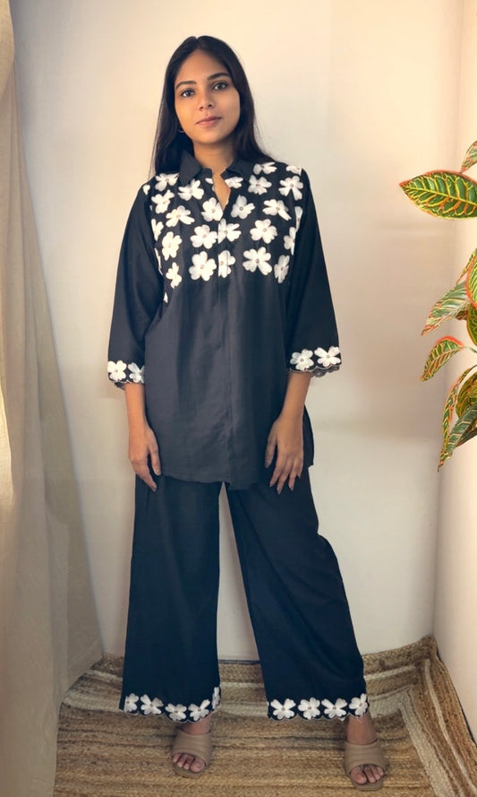 Black Co-Ord Set with White Floral Embroidery