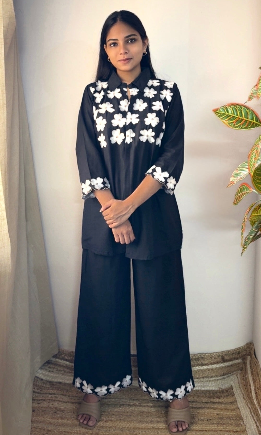 Black Co-Ord Set with White Floral Embroidery